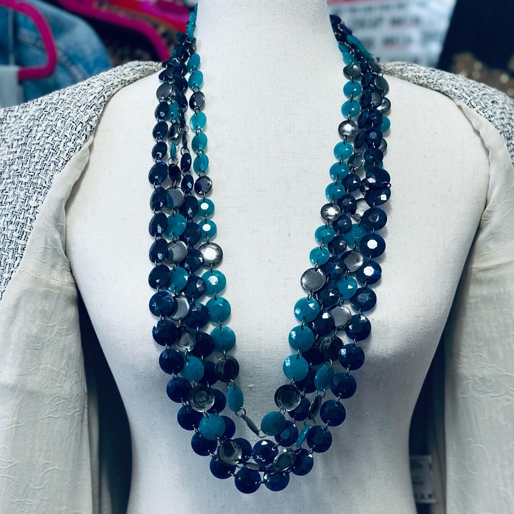 Liz Claiborne Necklace. Multi-Strand Blue, Pewter.